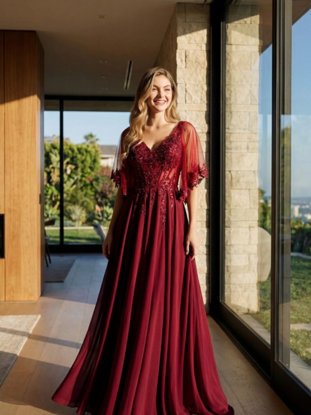 New Burgundy Elegant Long Mother Of The Bride Gown w/ Sequins Embroidery JTM22U